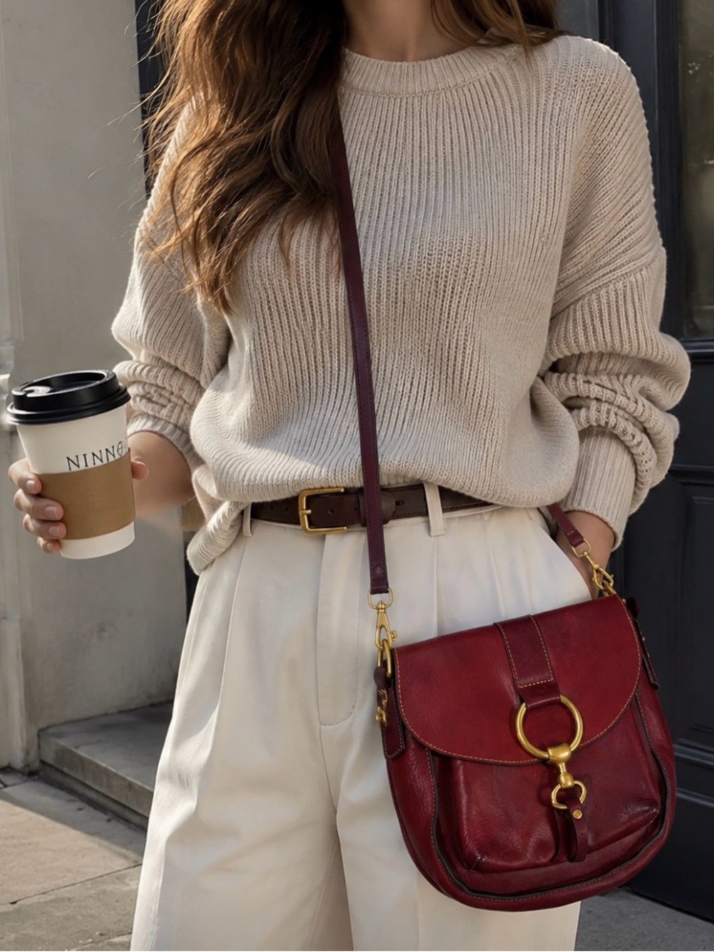 Frye Red Leather Saddle Crossbody with Brass Ring